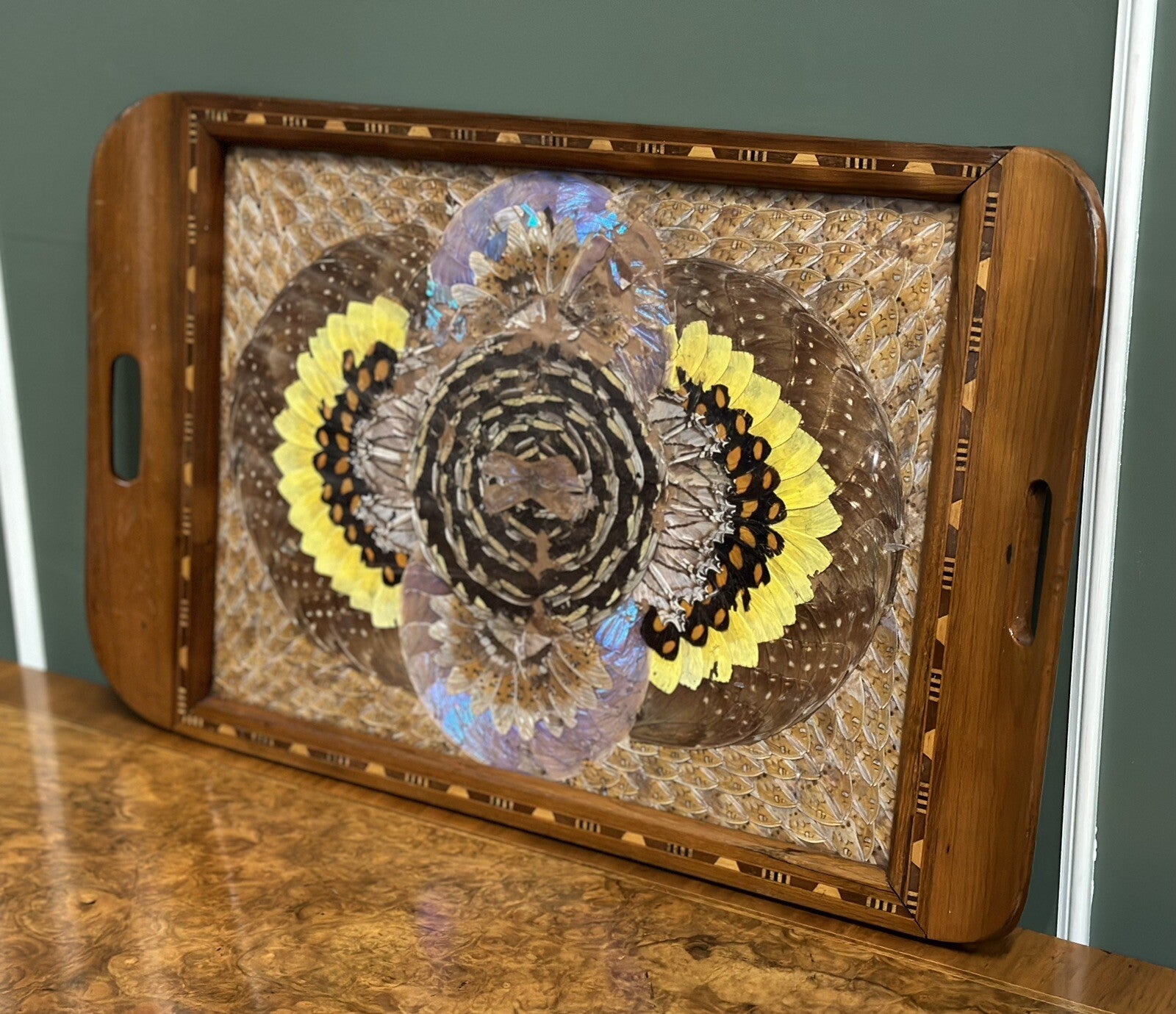 1940'S BRAZILIAN INLAID WOOD TRAY WITH REAL MORPHO BUTTERFLY WINGS