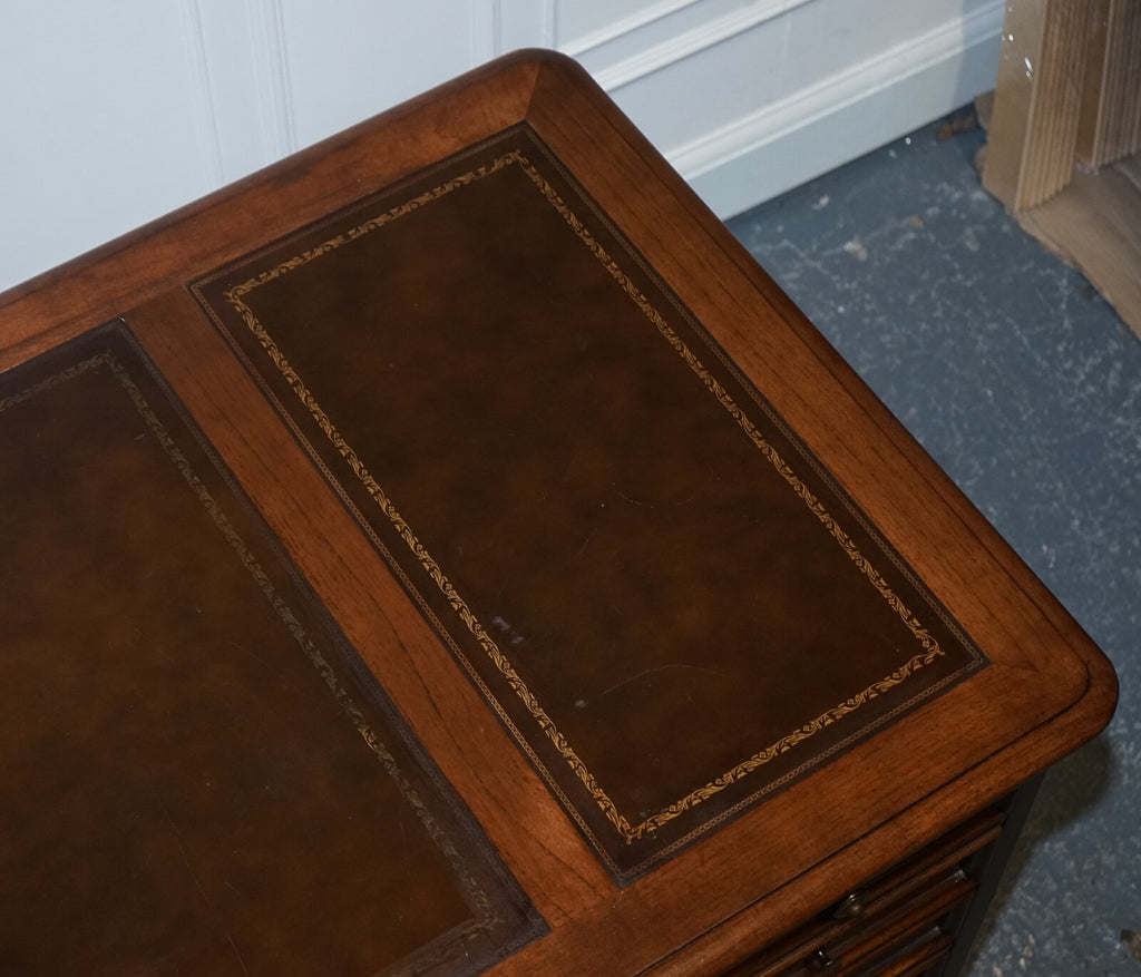 VINTAGE HEKMAN USA TWIN PEDESTAL DESK WITH BROWN LEATHER TOP BRASS HANDLES