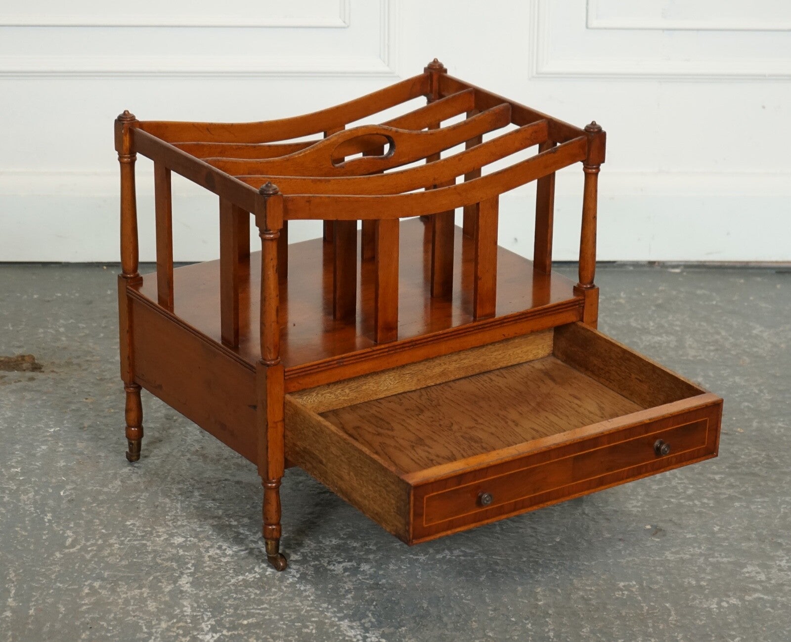 VINTAGE WALNUT CANTERBURY NEWSPAPER RACK WITH BRASS HANDLES J1