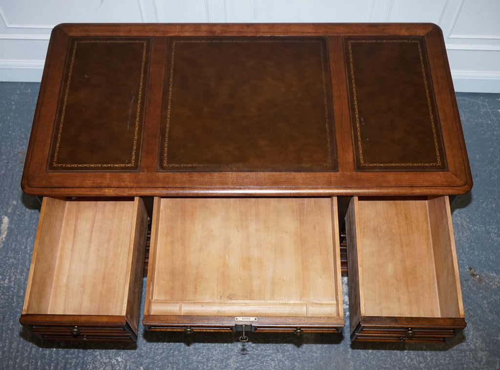 VINTAGE HEKMAN USA TWIN PEDESTAL DESK WITH BROWN LEATHER TOP BRASS HANDLES