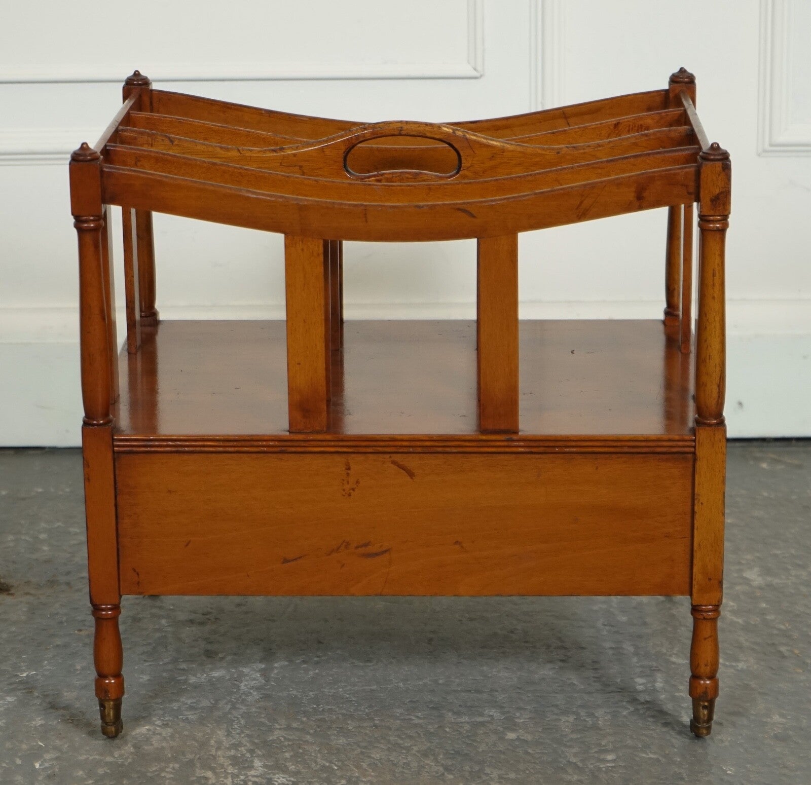 VINTAGE WALNUT CANTERBURY NEWSPAPER RACK WITH BRASS HANDLES J1