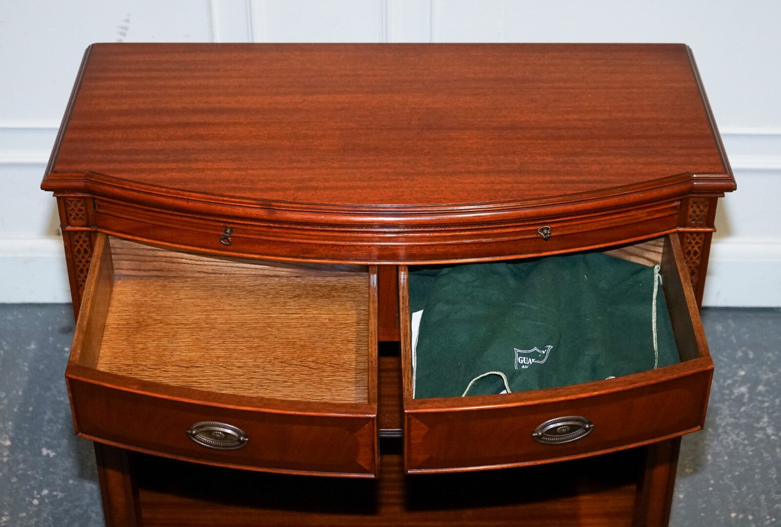 VINTAGE SERPENTINE BOW FRONT DWARF OPEN BOOKCASE WITH TWO DRAWERS BY WADE