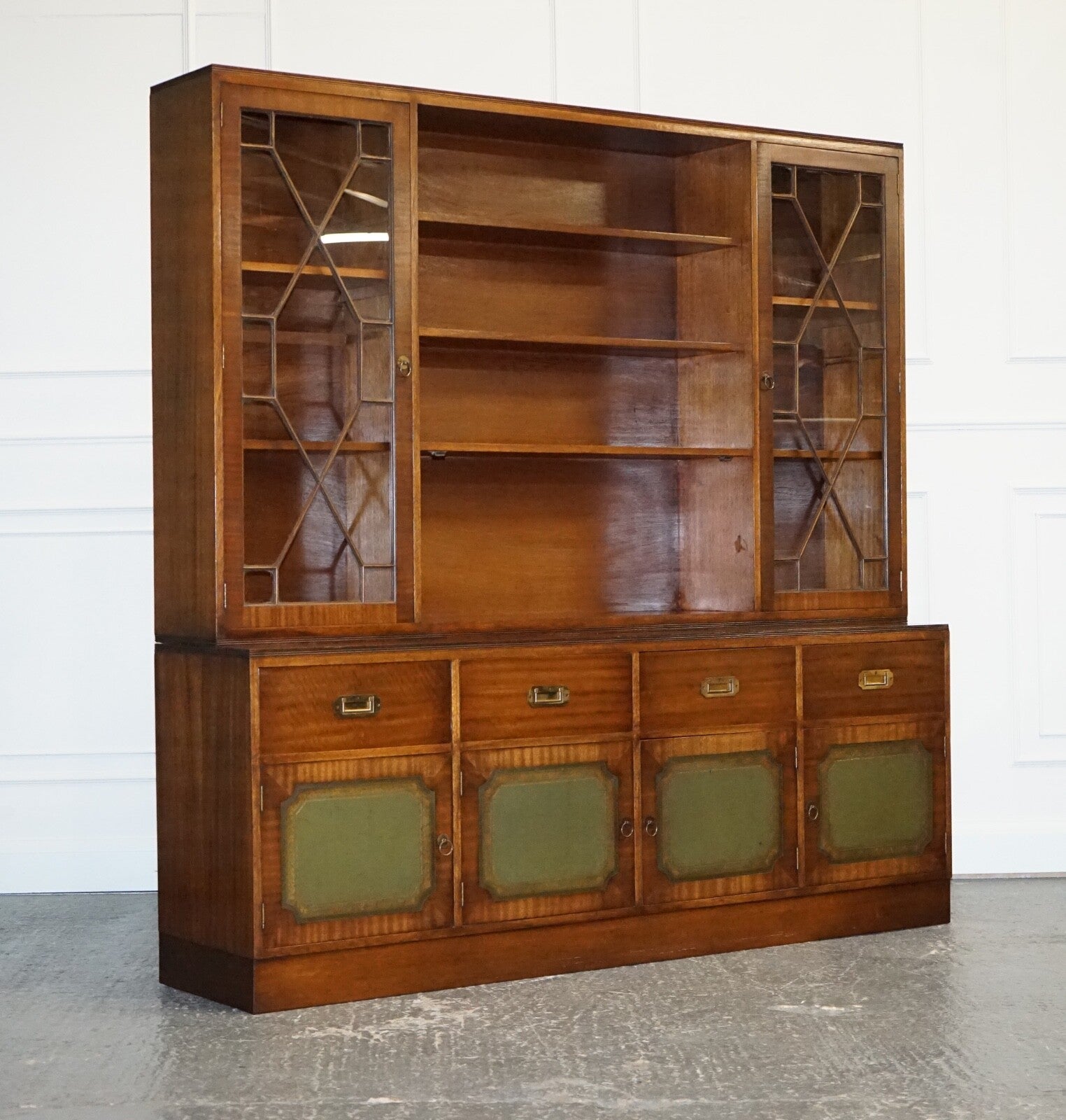 VINTAGE BEVAN FUNNELL MILITARY CAMPAIGN BOOKCASE WITH EMBOSSED LEATHER DOORS