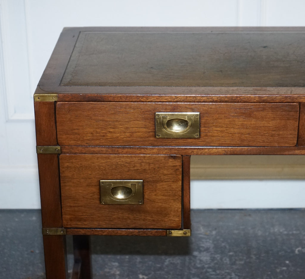 VINTAGE HARRODS LONDON KENNEDY MILITARY CAMPAIGN LEATHER TOP WRITING TABLE DESK