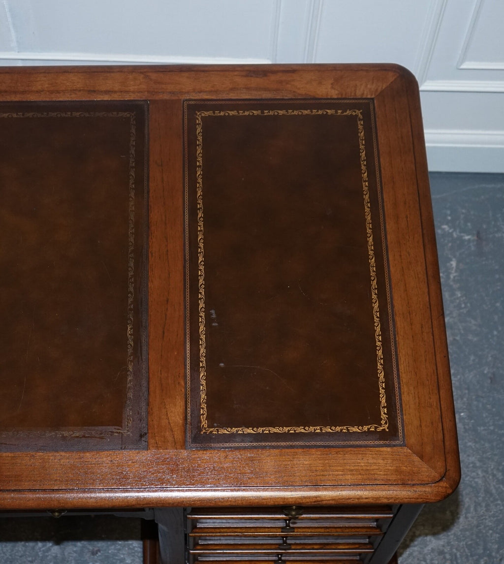 VINTAGE HEKMAN USA TWIN PEDESTAL DESK WITH BROWN LEATHER TOP BRASS HANDLES
