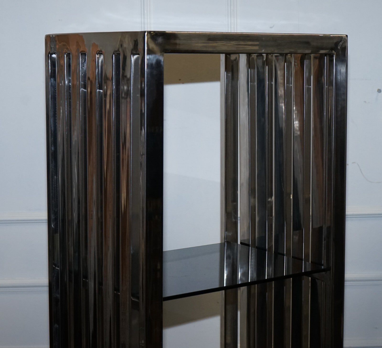 STUNNING CASA PADRINO STAINLESS STEEL PAIR OF BOOKCASES AND SMOKED GLASS SHELFS