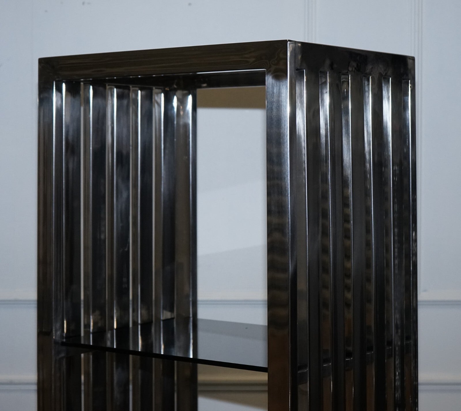 STUNNING CASA PADRINO STAINLESS STEEL PAIR OF BOOKCASES AND SMOKED GLASS SHELFS