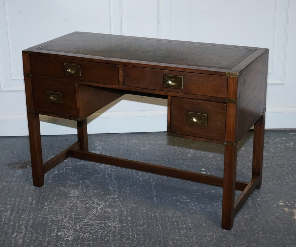 VINTAGE HARRODS LONDON KENNEDY MILITARY CAMPAIGN LEATHER TOP WRITING TABLE DESK