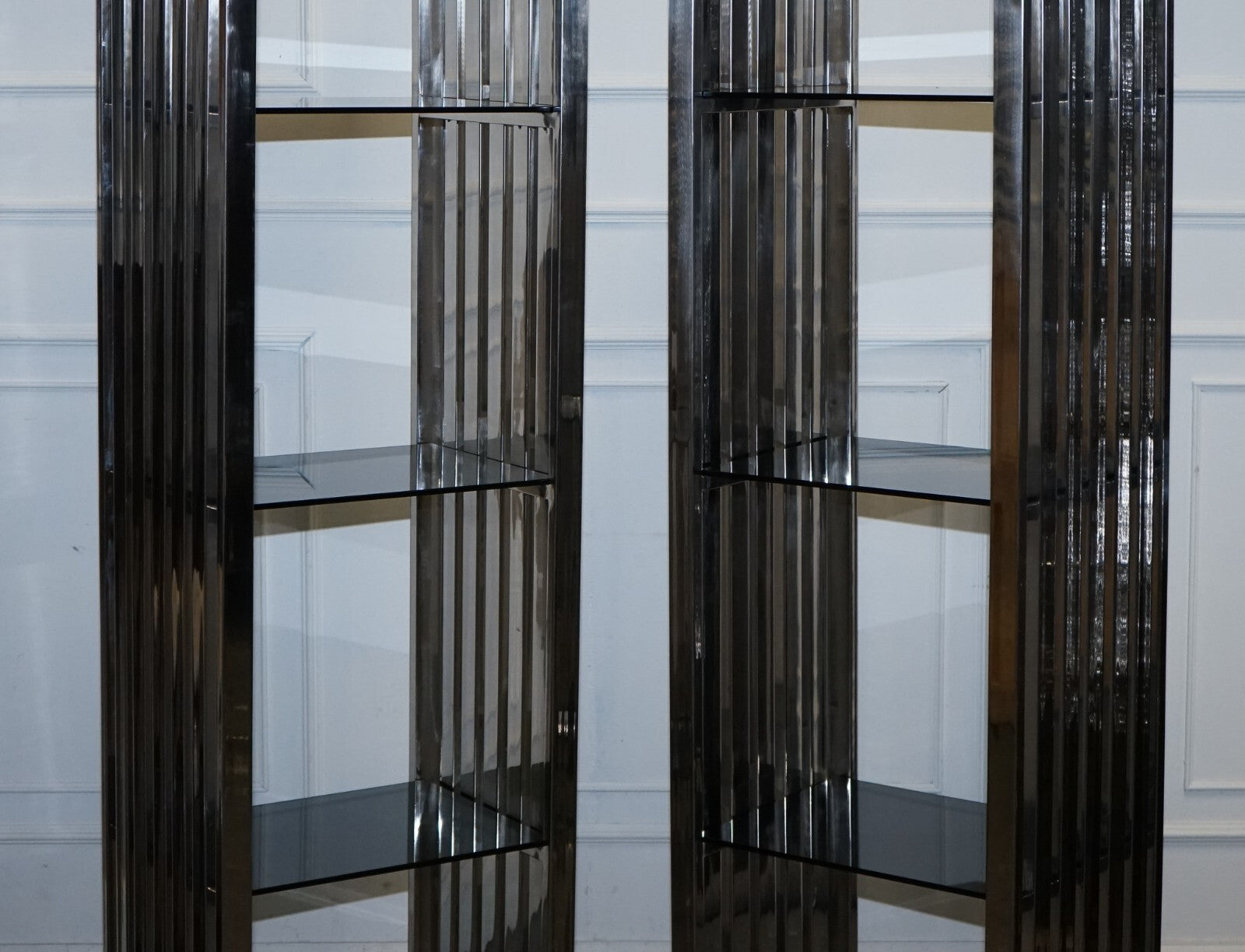 STUNNING CASA PADRINO STAINLESS STEEL PAIR OF BOOKCASES AND SMOKED GLASS SHELFS