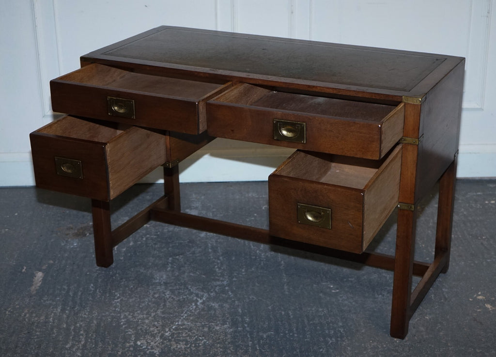 VINTAGE HARRODS LONDON KENNEDY MILITARY CAMPAIGN LEATHER TOP WRITING TABLE DESK