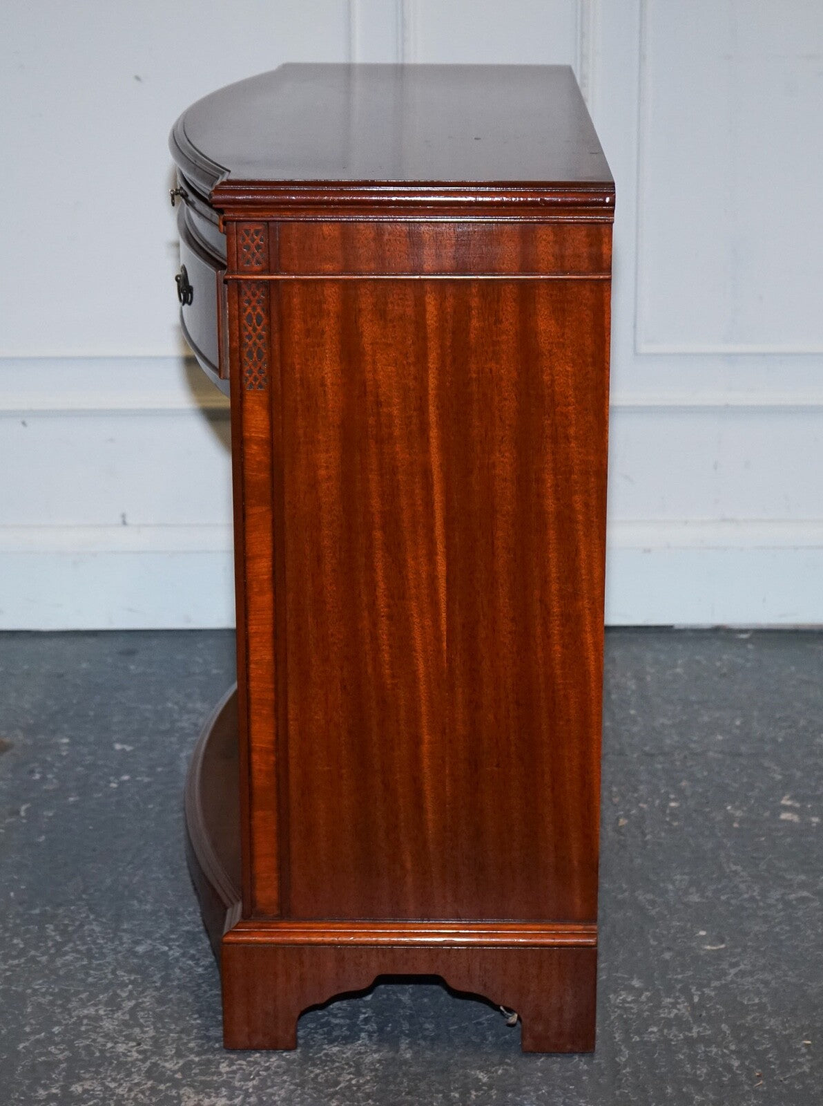 VINTAGE SERPENTINE BOW FRONT DWARF OPEN BOOKCASE WITH TWO DRAWERS BY WADE