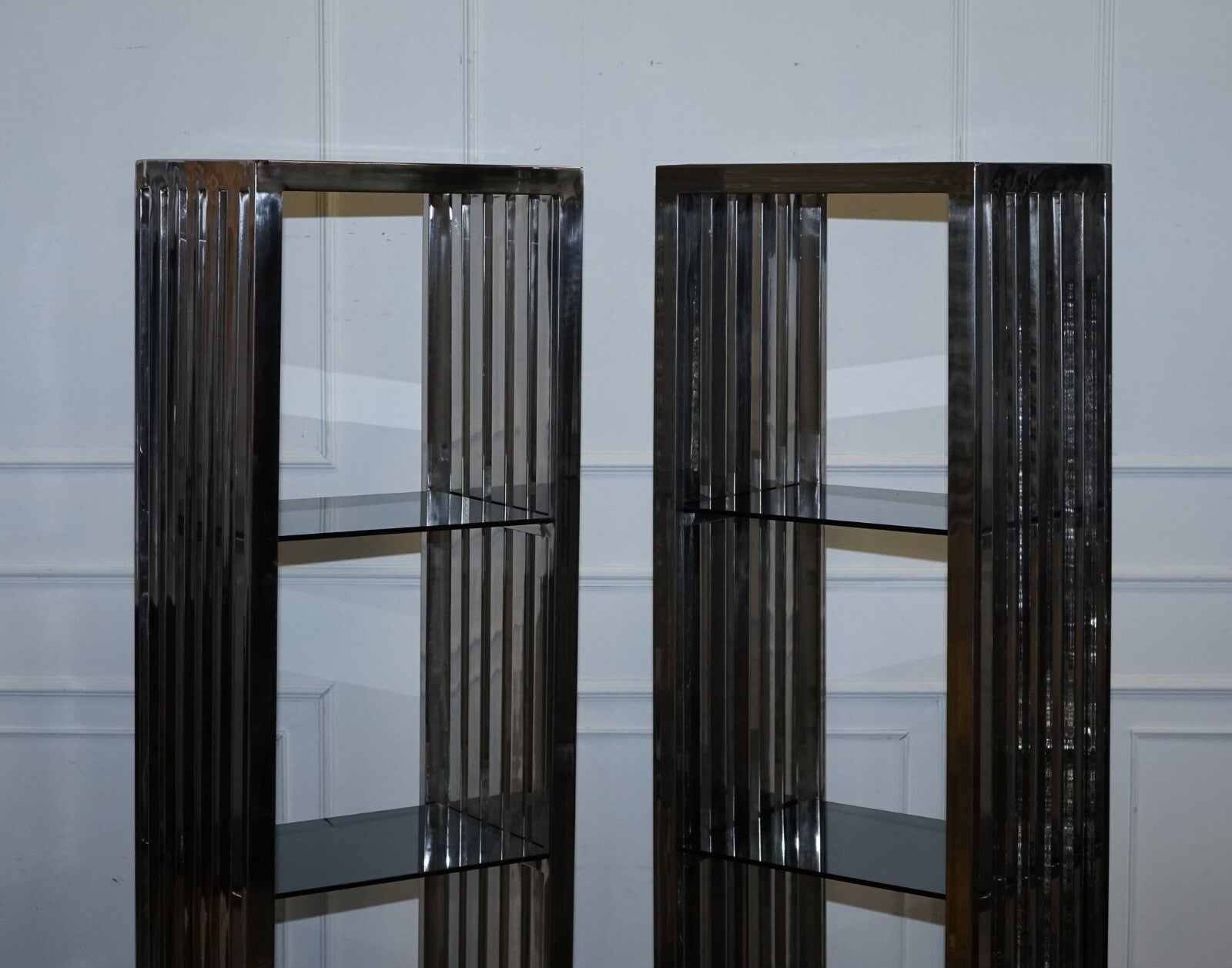 STUNNING CASA PADRINO STAINLESS STEEL PAIR OF BOOKCASES AND SMOKED GLASS SHELFS