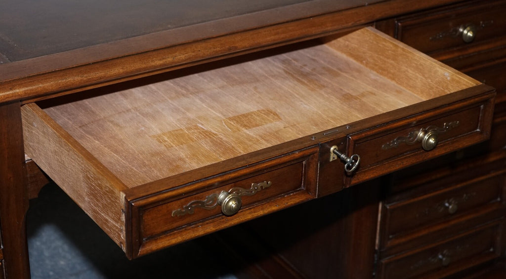 VINTAGE HEKMAN USA TWIN PEDESTAL DESK WITH BROWN LEATHER TOP BRASS HANDLES