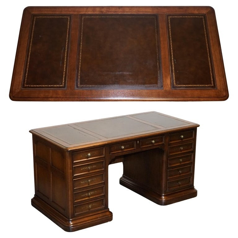 VINTAGE HEKMAN USA TWIN PEDESTAL DESK WITH BROWN LEATHER TOP BRASS HANDLES