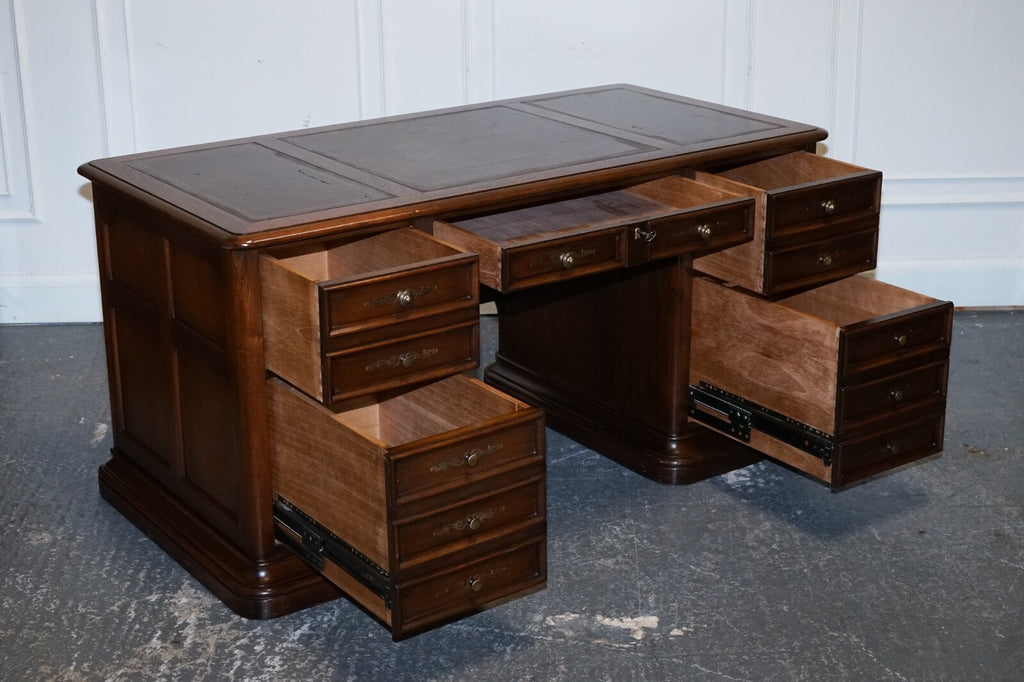 VINTAGE HEKMAN USA TWIN PEDESTAL DESK WITH BROWN LEATHER TOP BRASS HANDLES