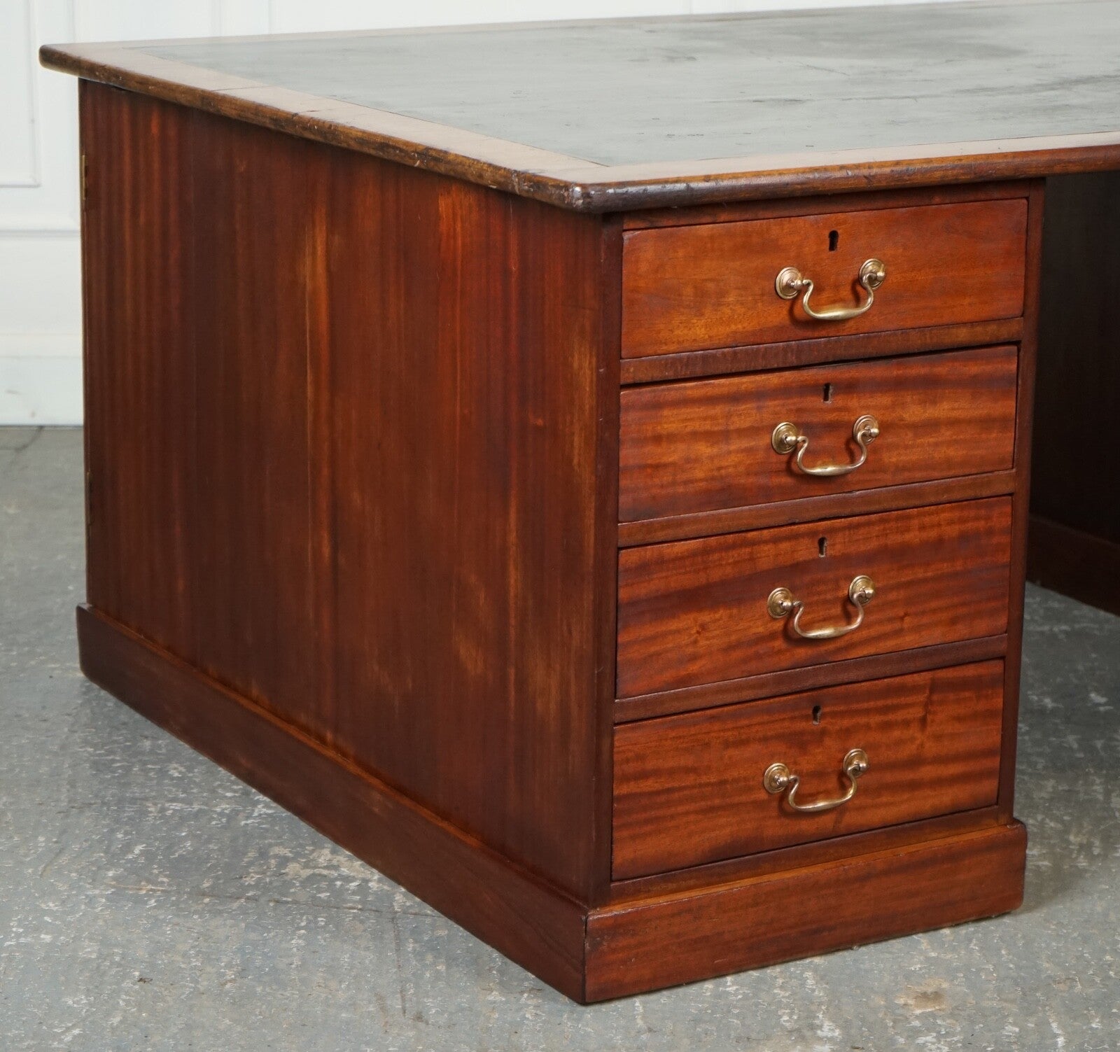 ANTIQUE HUGE DISTRESSED PARTNERS DESK WITH NAVY BLUE LEATHER TOP J1