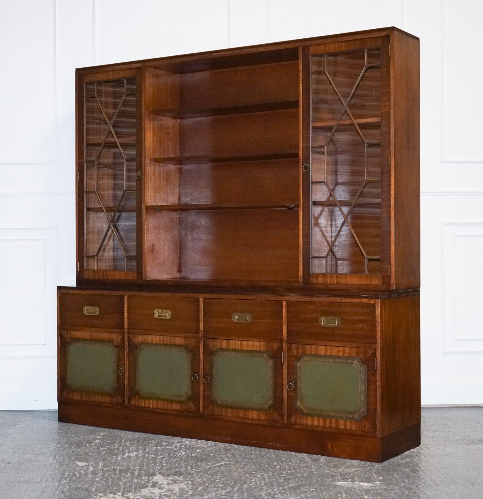 VINTAGE BEVAN FUNNELL MILITARY CAMPAIGN BOOKCASE WITH EMBOSSED LEATHER DOORS