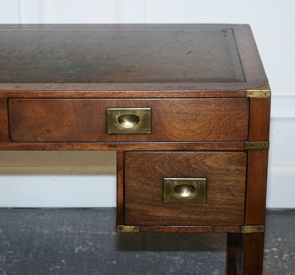 VINTAGE HARRODS LONDON KENNEDY MILITARY CAMPAIGN LEATHER TOP WRITING TABLE DESK