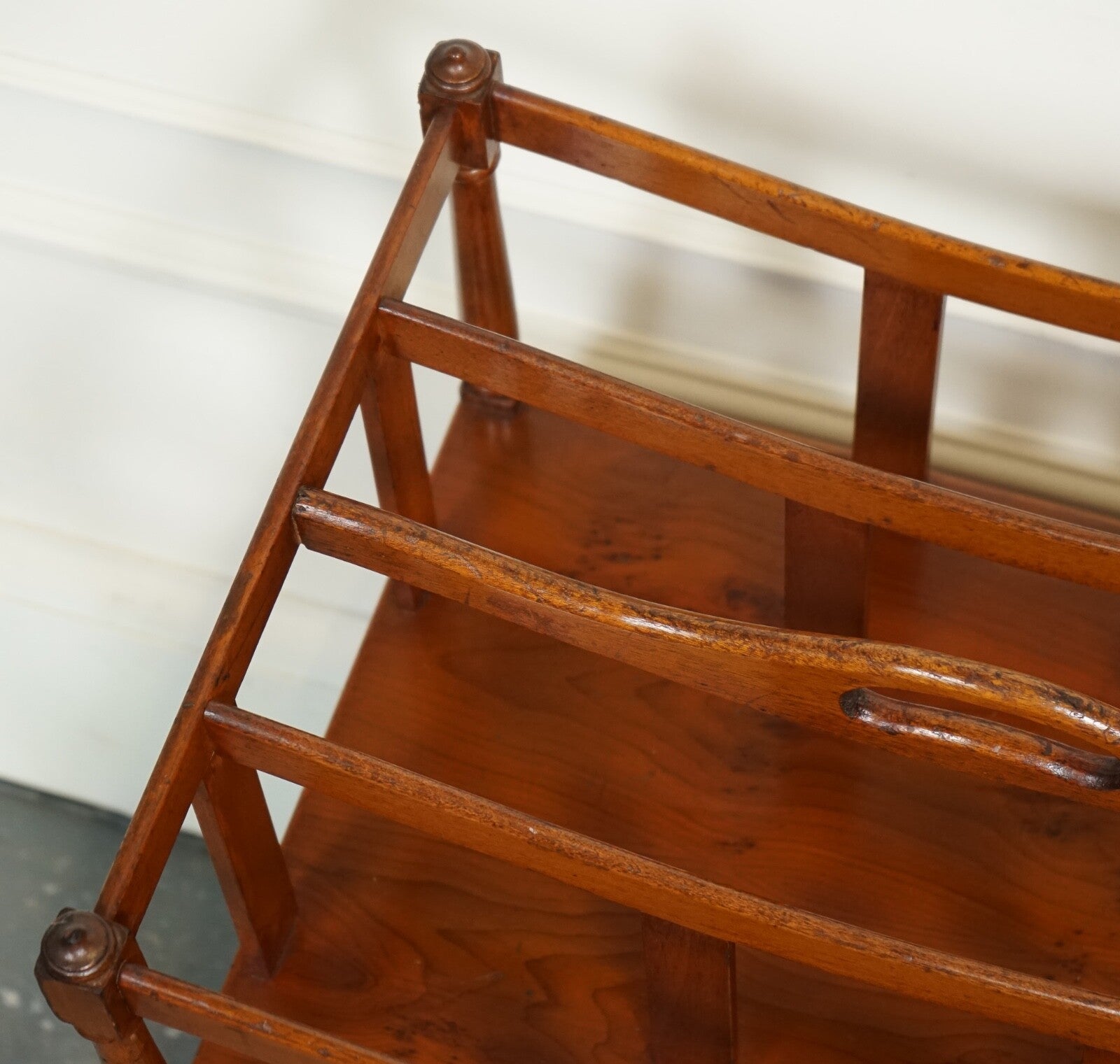 VINTAGE WALNUT CANTERBURY NEWSPAPER RACK WITH BRASS HANDLES J1