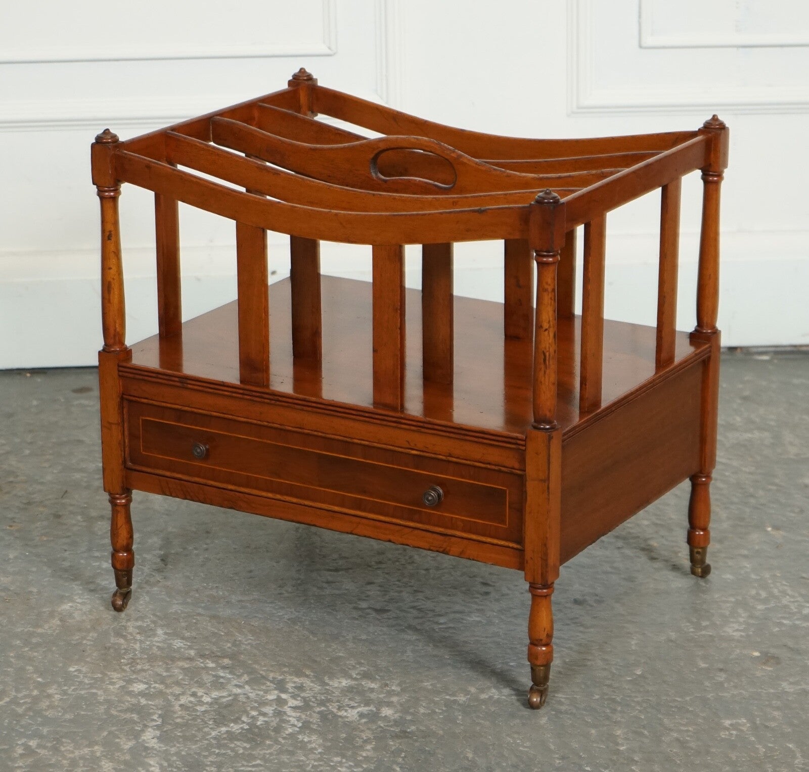 VINTAGE WALNUT CANTERBURY NEWSPAPER RACK WITH BRASS HANDLES J1