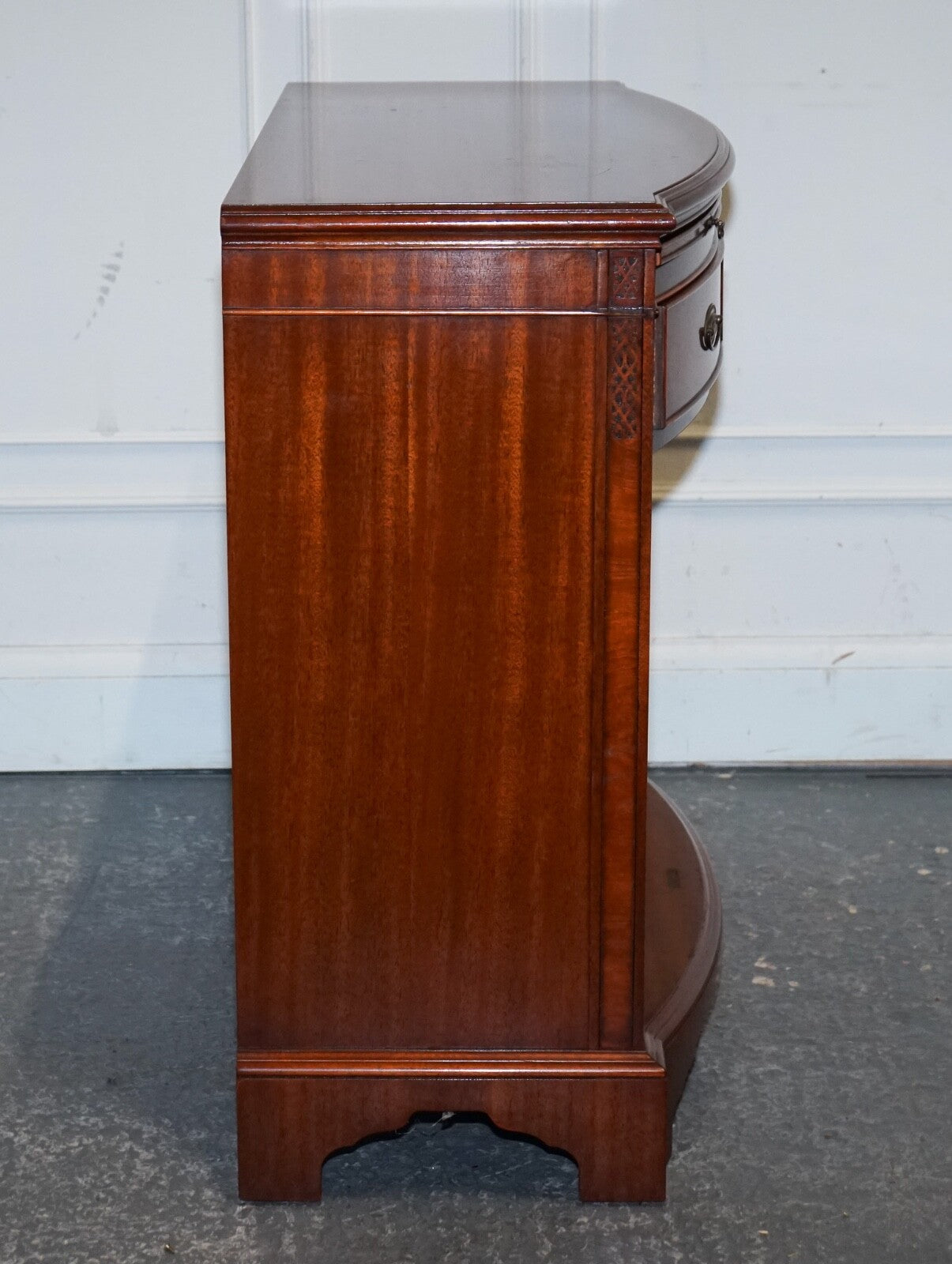 VINTAGE SERPENTINE BOW FRONT DWARF OPEN BOOKCASE WITH TWO DRAWERS BY WADE
