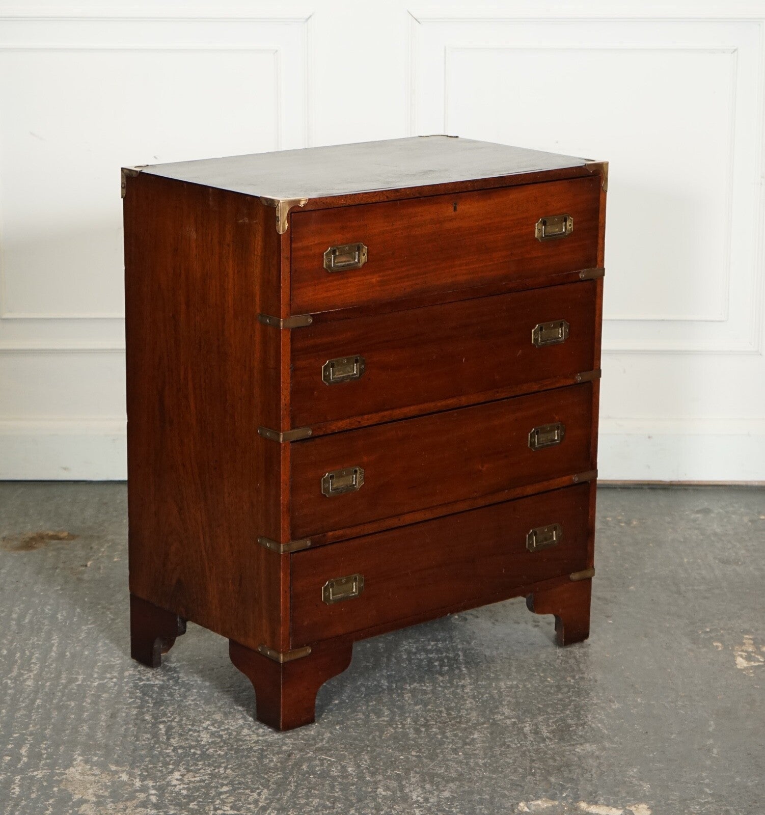 VINTAGE MILITARY CAMPAIGN SECRETAIRE CHEST OF DRAWERS WITH AGED GREEN LEATHER