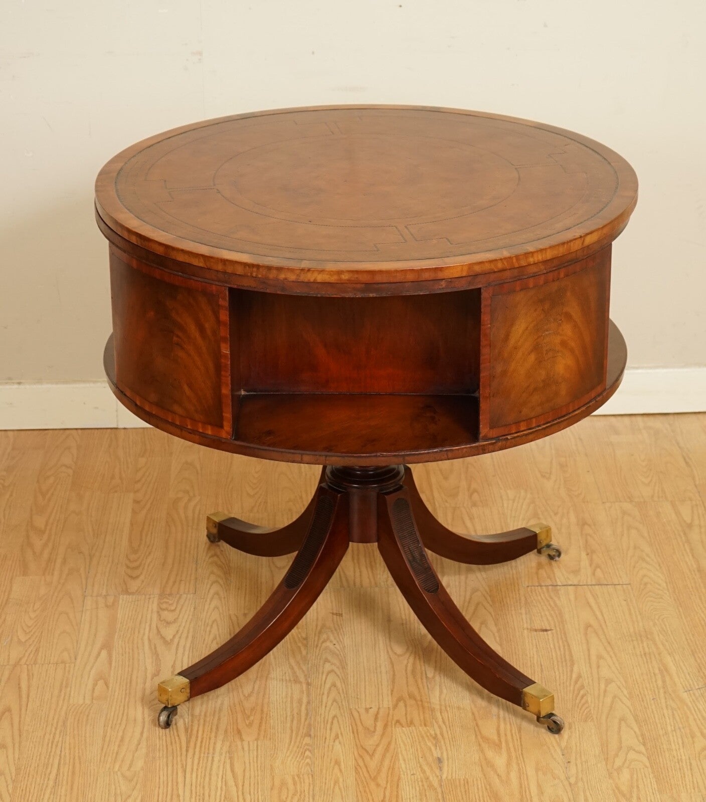REGENCY STYLE REVOLVING BOOKCASE DRUM TABLE HAND DYED WHISKEY BROWN