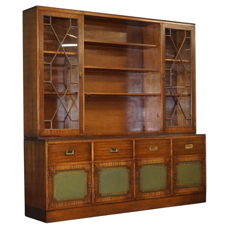 VINTAGE BEVAN FUNNELL MILITARY CAMPAIGN BOOKCASE WITH EMBOSSED LEATHER DOORS