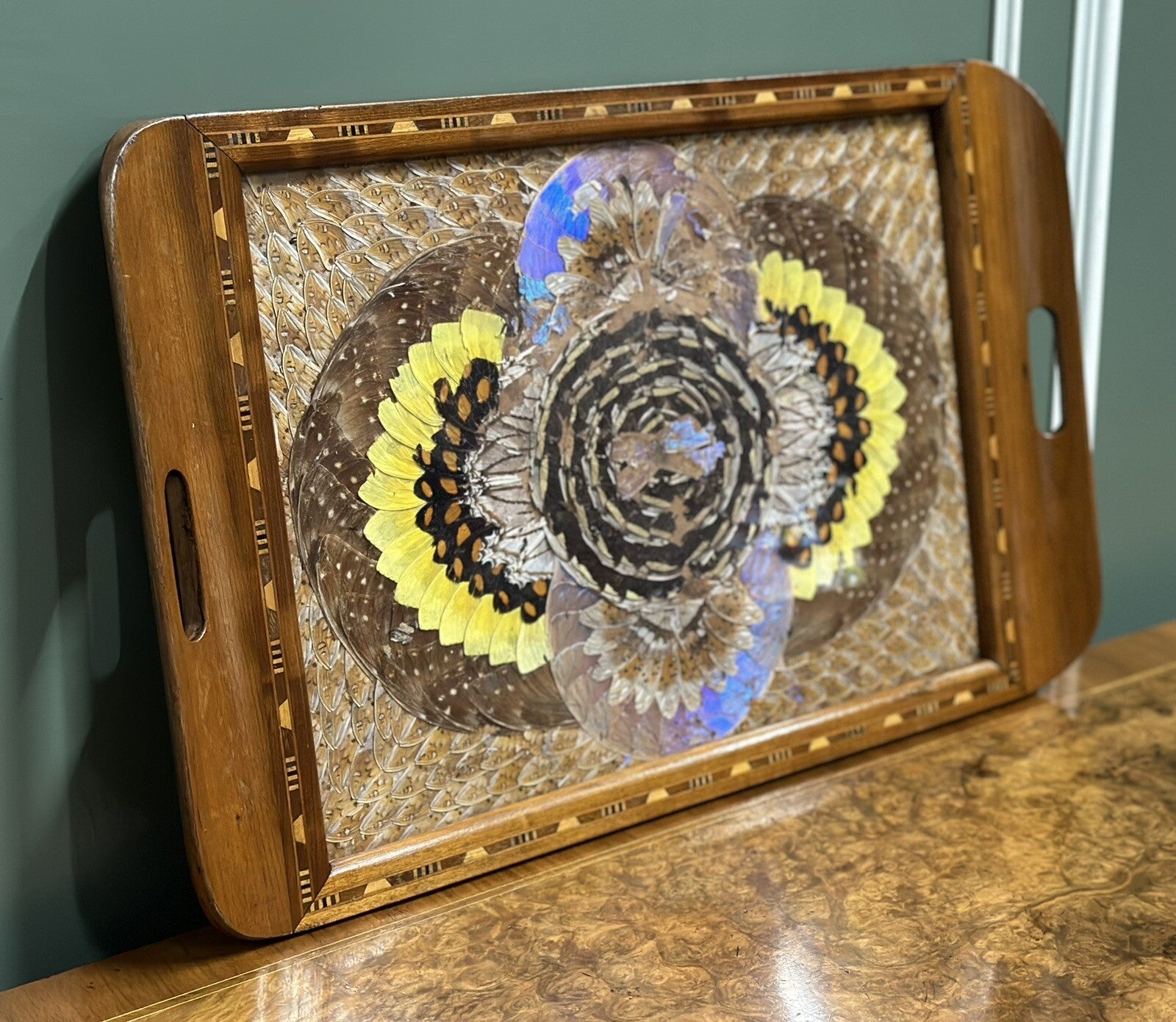 1940'S BRAZILIAN INLAID WOOD TRAY WITH REAL MORPHO BUTTERFLY WINGS