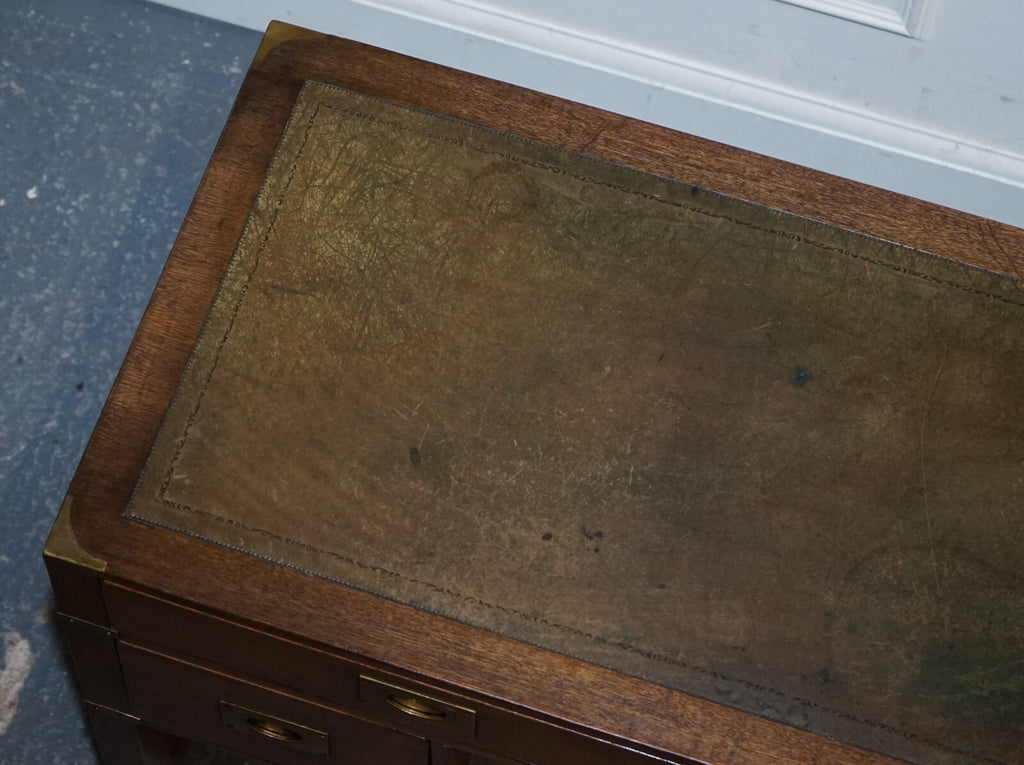 VINTAGE HARRODS LONDON KENNEDY MILITARY CAMPAIGN LEATHER TOP WRITING TABLE DESK