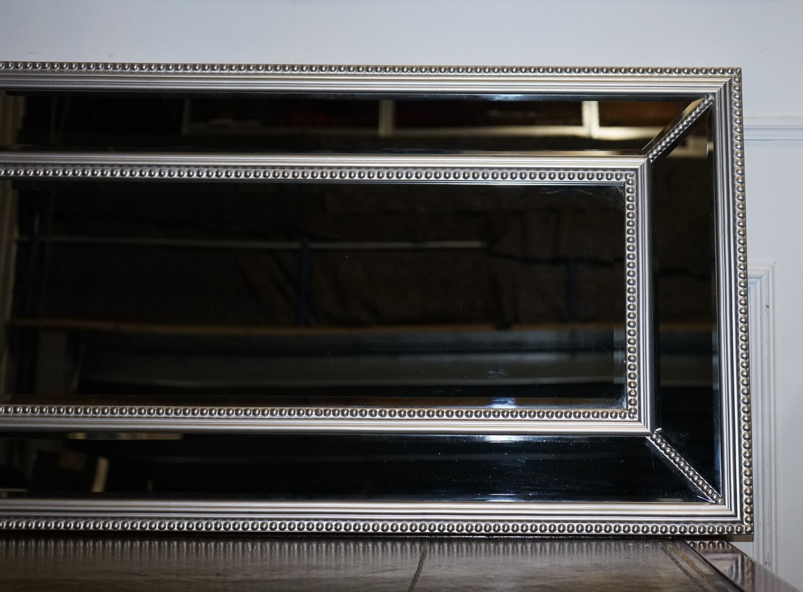 BEAUTIFUL LARGE SILVER BEADED CUSHIONED BEVELLED RECTANGULAR MIRROR