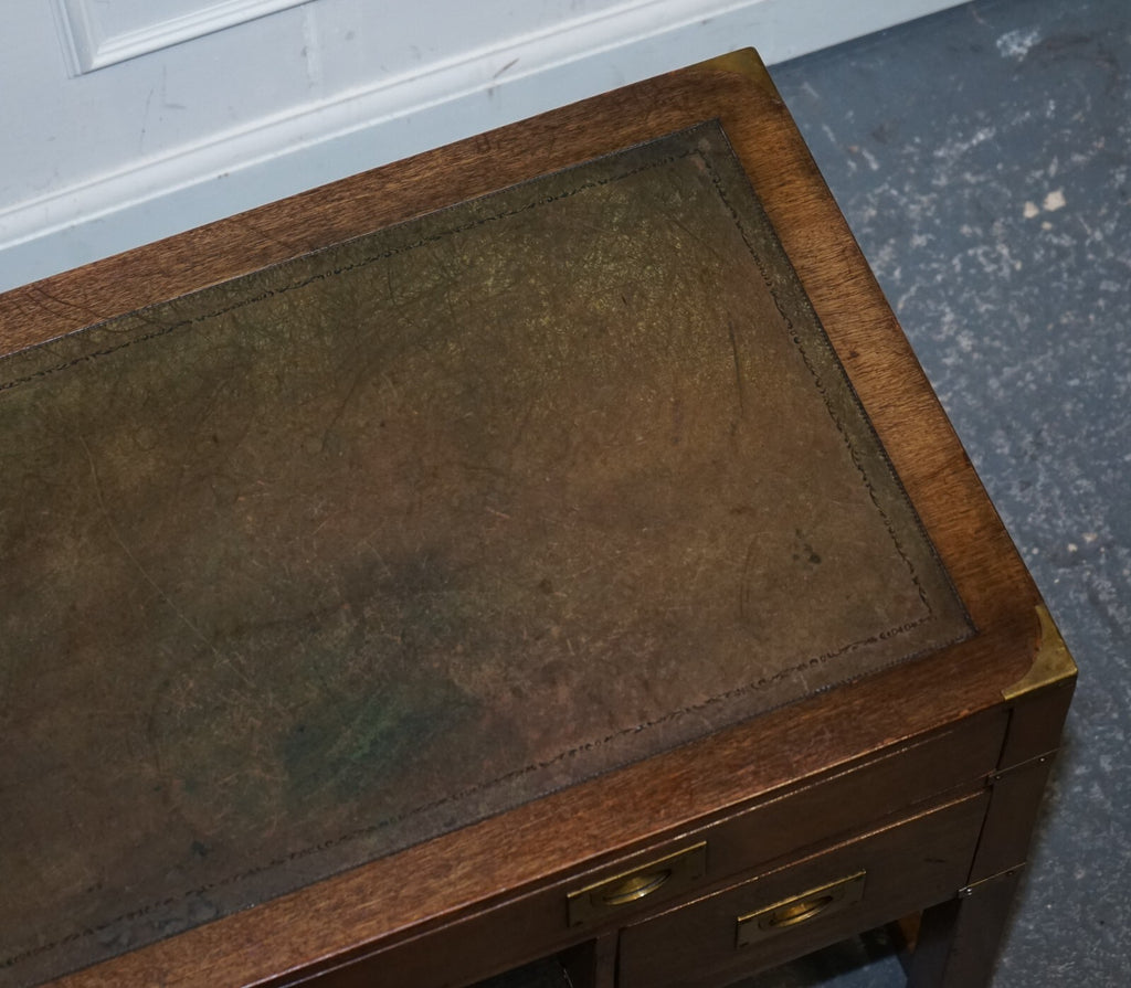 VINTAGE HARRODS LONDON KENNEDY MILITARY CAMPAIGN LEATHER TOP WRITING TABLE DESK