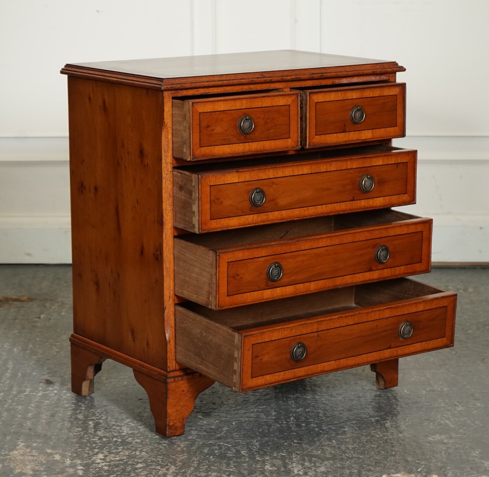 VINTAGE YEW WOOD CHEST OF DRAWERS WITH GEORGIAN STYLE HANDLES