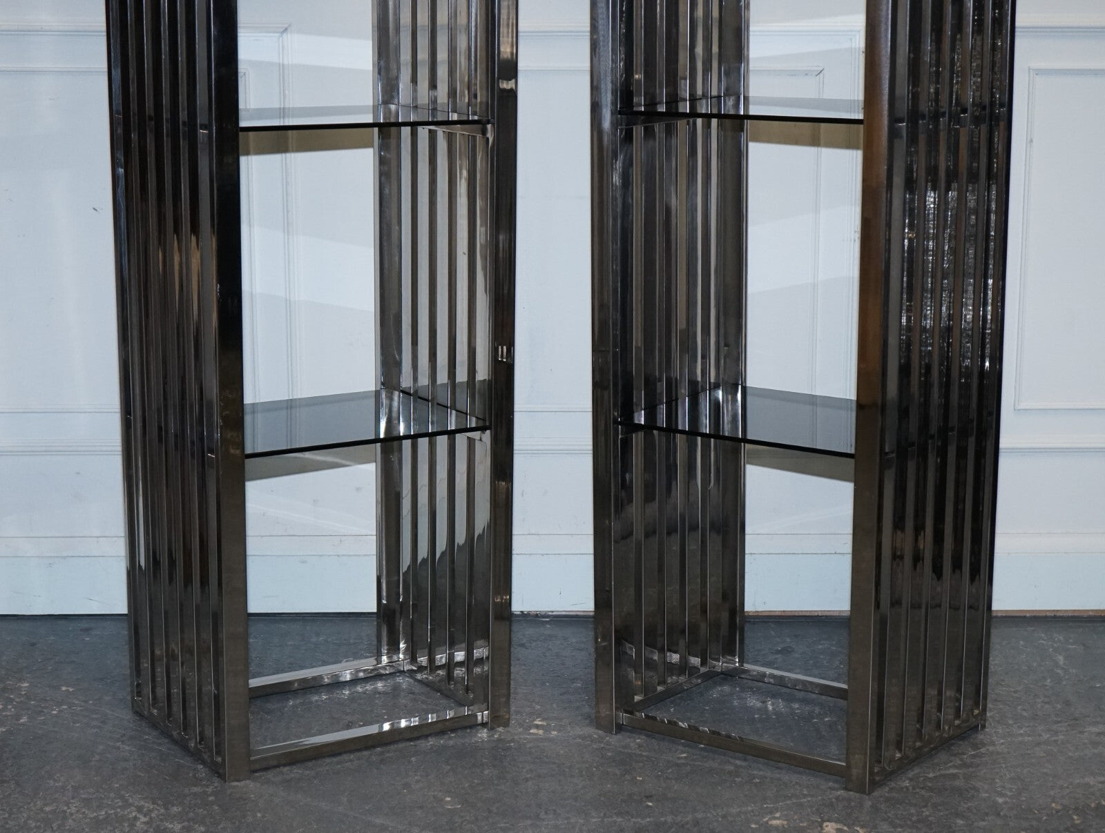 STUNNING CASA PADRINO STAINLESS STEEL PAIR OF BOOKCASES AND SMOKED GLASS SHELFS