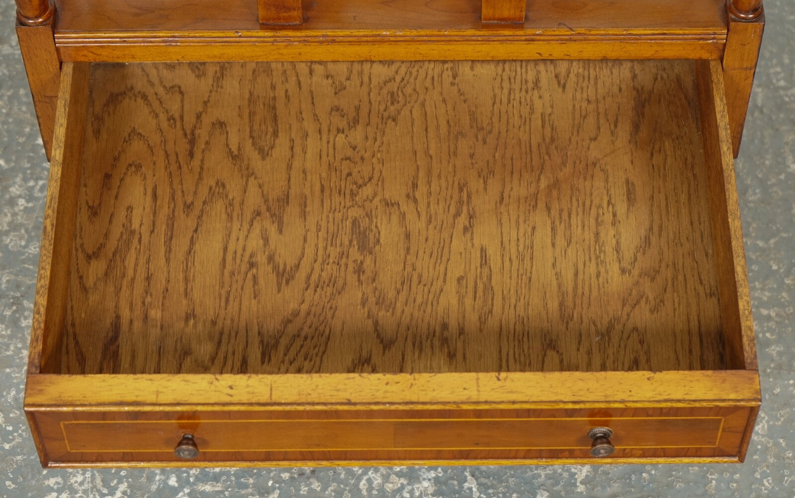 VINTAGE WALNUT CANTERBURY NEWSPAPER RACK WITH BRASS HANDLES J1