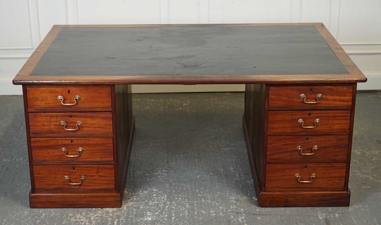 ANTIQUE HUGE DISTRESSED PARTNERS DESK WITH NAVY BLUE LEATHER TOP J1