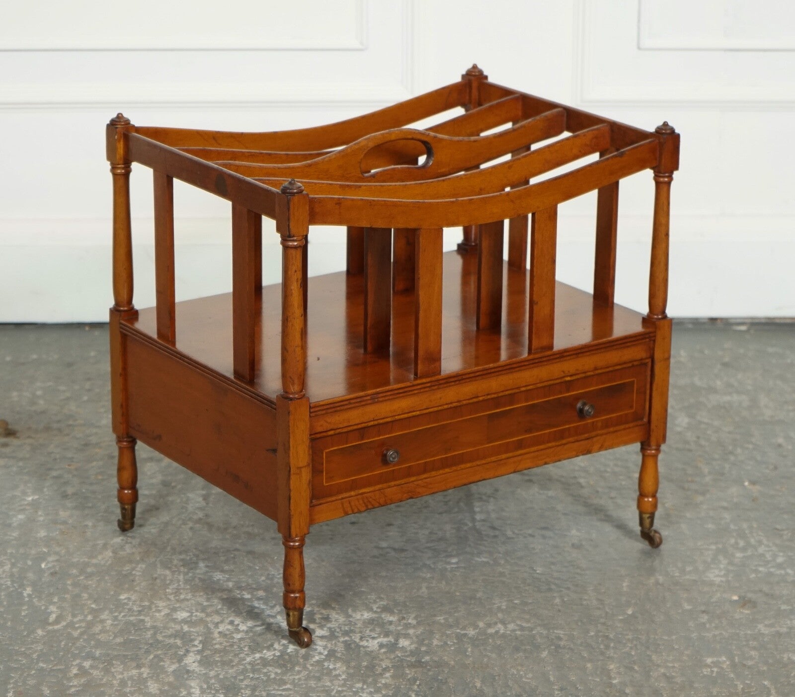 VINTAGE WALNUT CANTERBURY NEWSPAPER RACK WITH BRASS HANDLES J1
