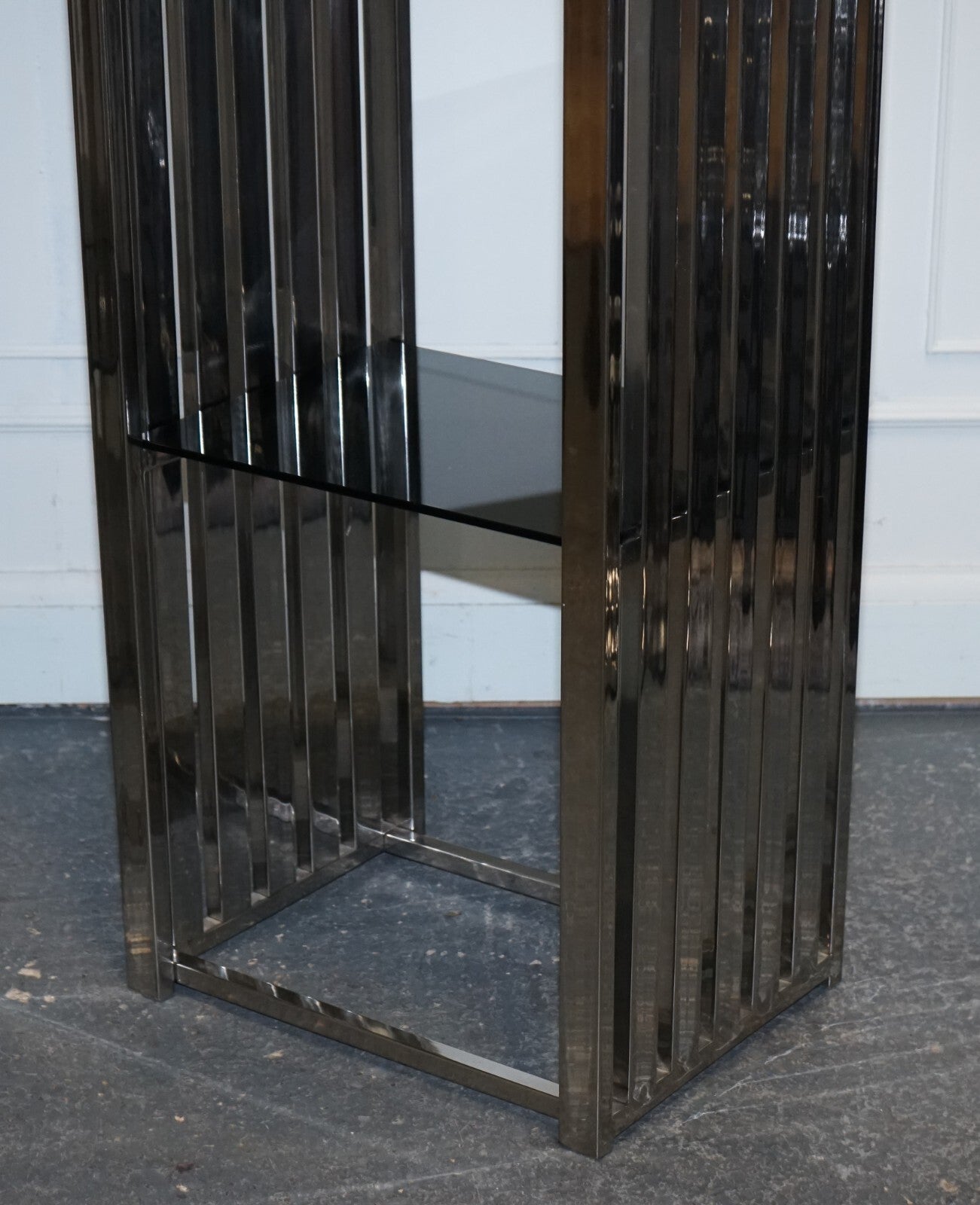 STUNNING CASA PADRINO STAINLESS STEEL PAIR OF BOOKCASES AND SMOKED GLASS SHELFS