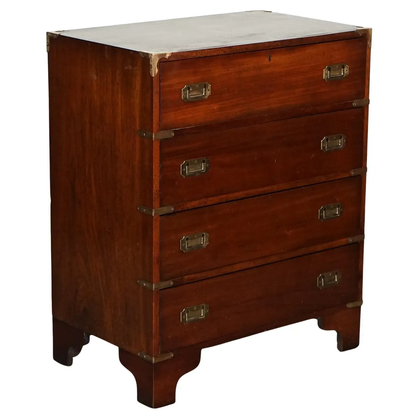 VINTAGE MILITARY CAMPAIGN SECRETAIRE CHEST OF DRAWERS WITH AGED GREEN LEATHER