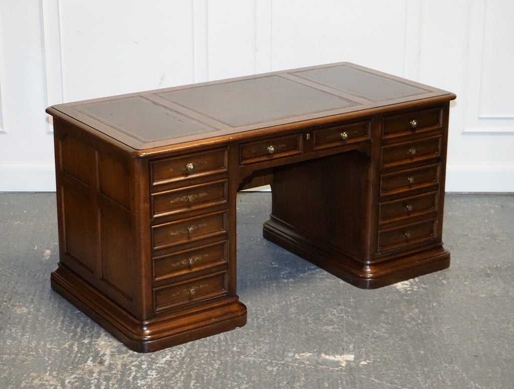 VINTAGE HEKMAN USA TWIN PEDESTAL DESK WITH BROWN LEATHER TOP BRASS HANDLES