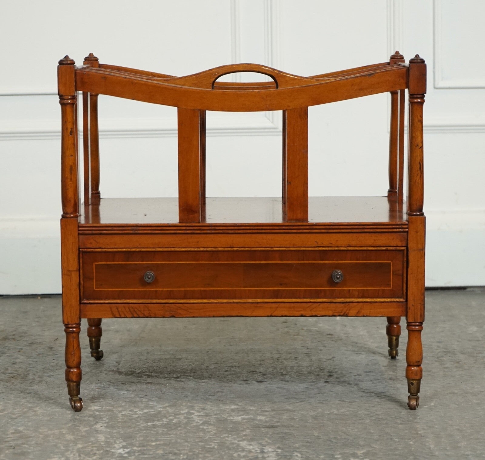 VINTAGE WALNUT CANTERBURY NEWSPAPER RACK WITH BRASS HANDLES J1