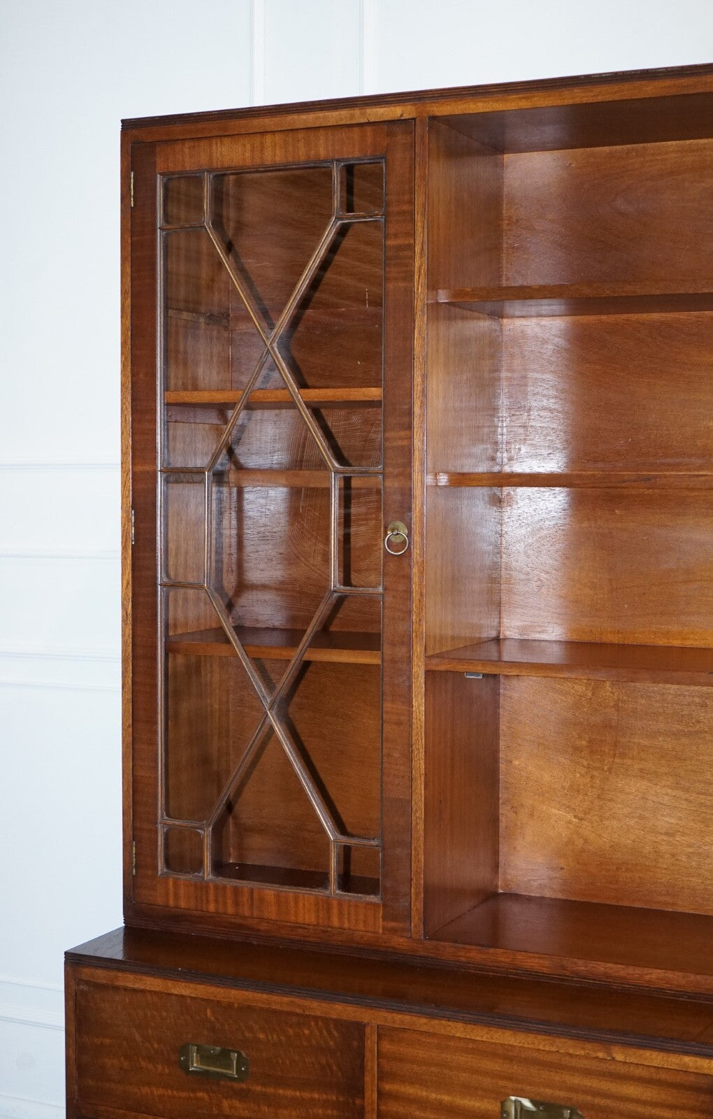 VINTAGE BEVAN FUNNELL MILITARY CAMPAIGN BOOKCASE WITH EMBOSSED LEATHER DOORS