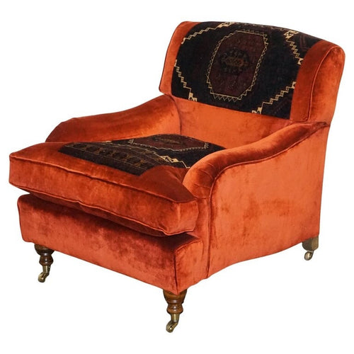 VINTAGE RED VELVET & AZTEC KILIM UPHOLSTERED HOWARD GEORGE SMITH STYLE ARMCHAIR