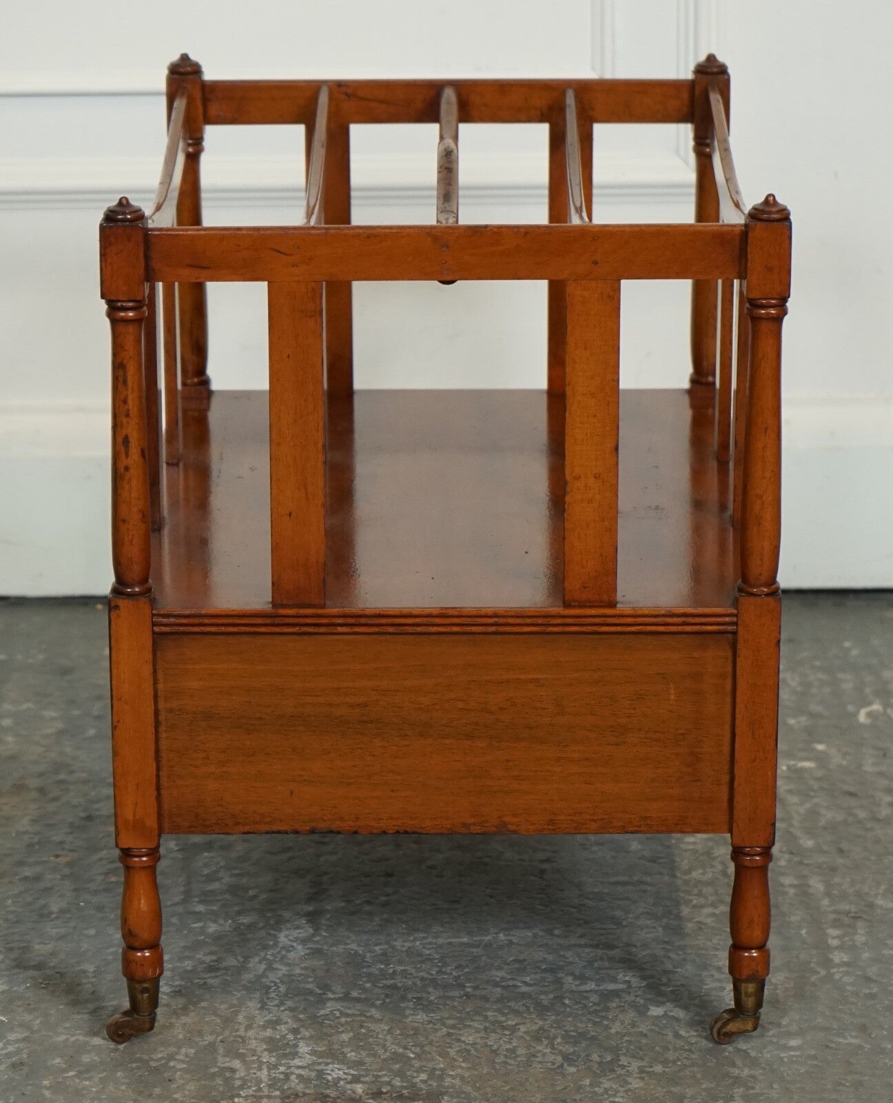 VINTAGE WALNUT CANTERBURY NEWSPAPER RACK WITH BRASS HANDLES J1