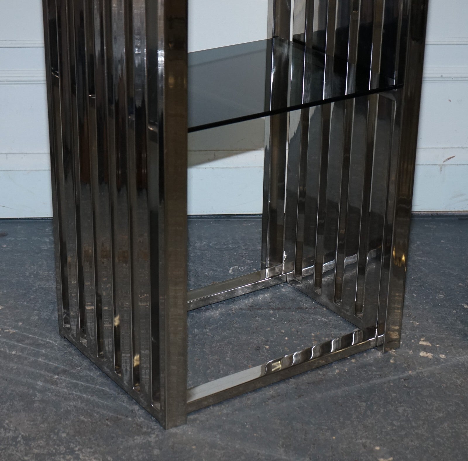 STUNNING CASA PADRINO STAINLESS STEEL PAIR OF BOOKCASES AND SMOKED GLASS SHELFS