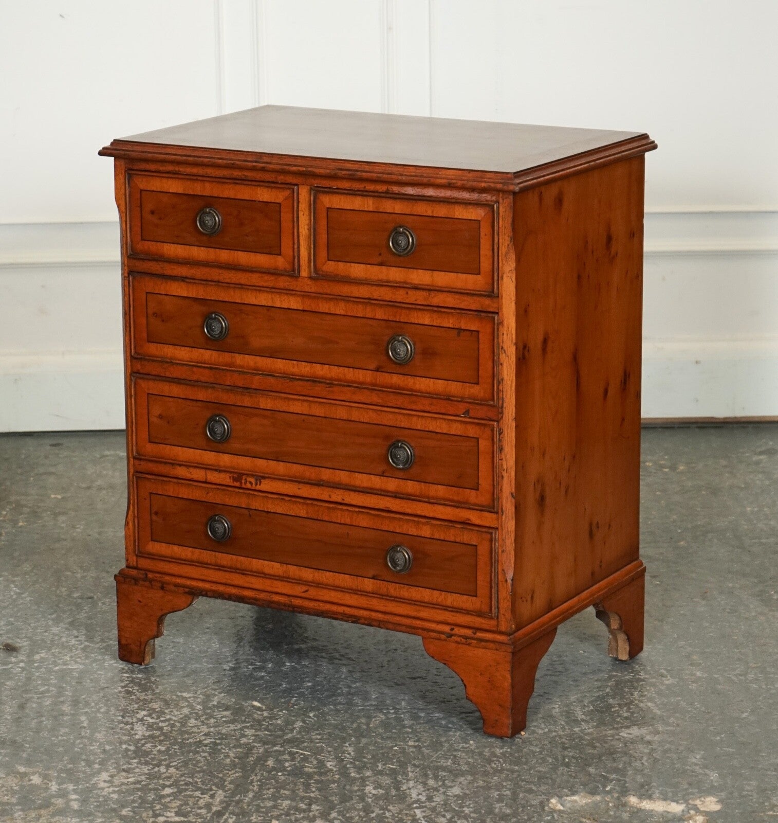 VINTAGE YEW WOOD CHEST OF DRAWERS WITH GEORGIAN STYLE HANDLES