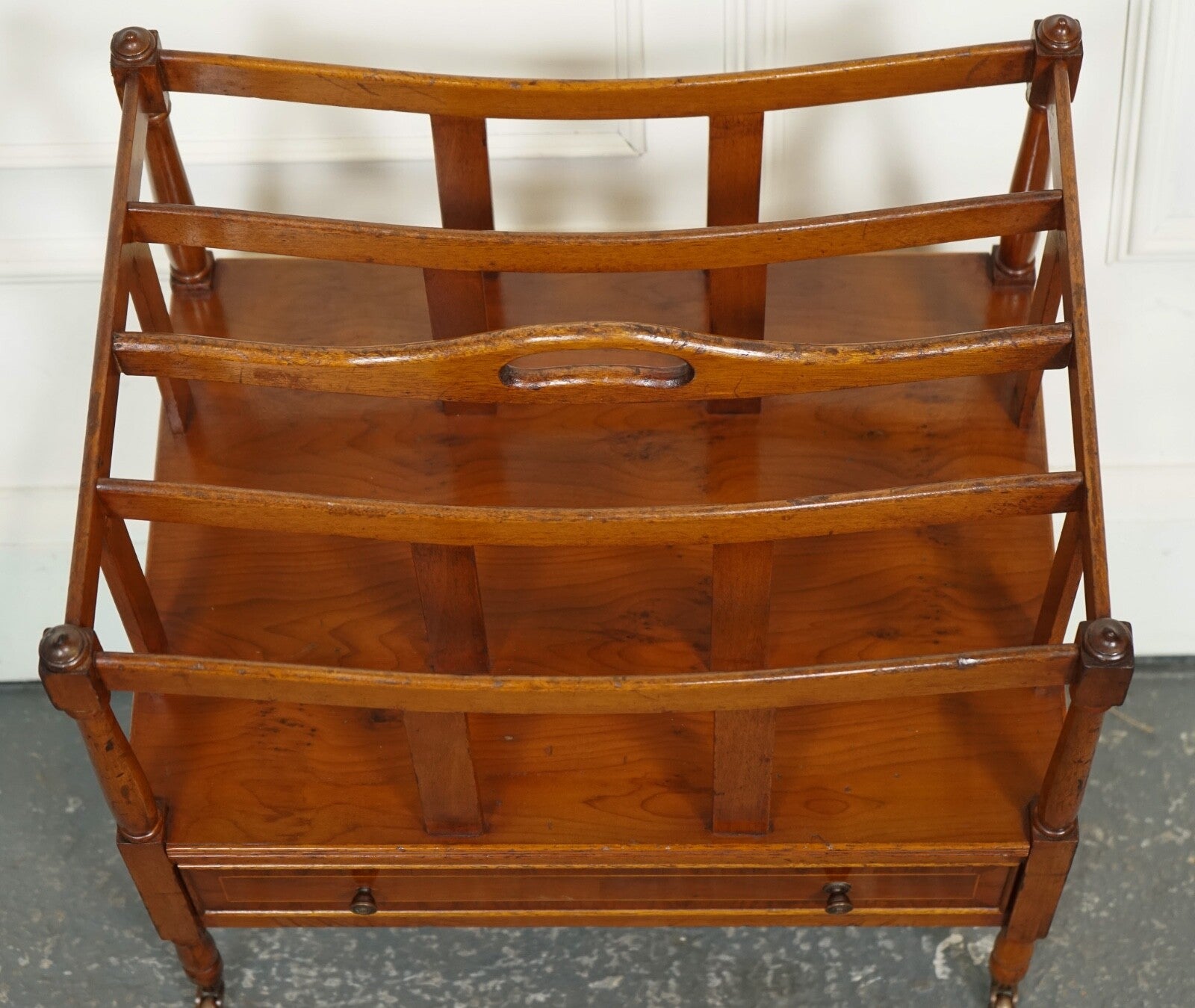 VINTAGE WALNUT CANTERBURY NEWSPAPER RACK WITH BRASS HANDLES J1
