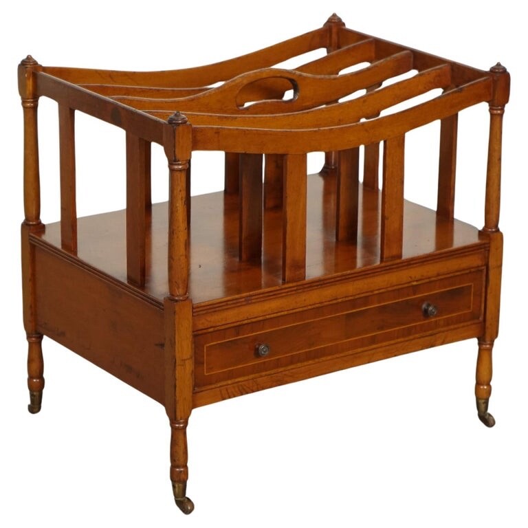 VINTAGE WALNUT CANTERBURY NEWSPAPER RACK WITH BRASS HANDLES J1
