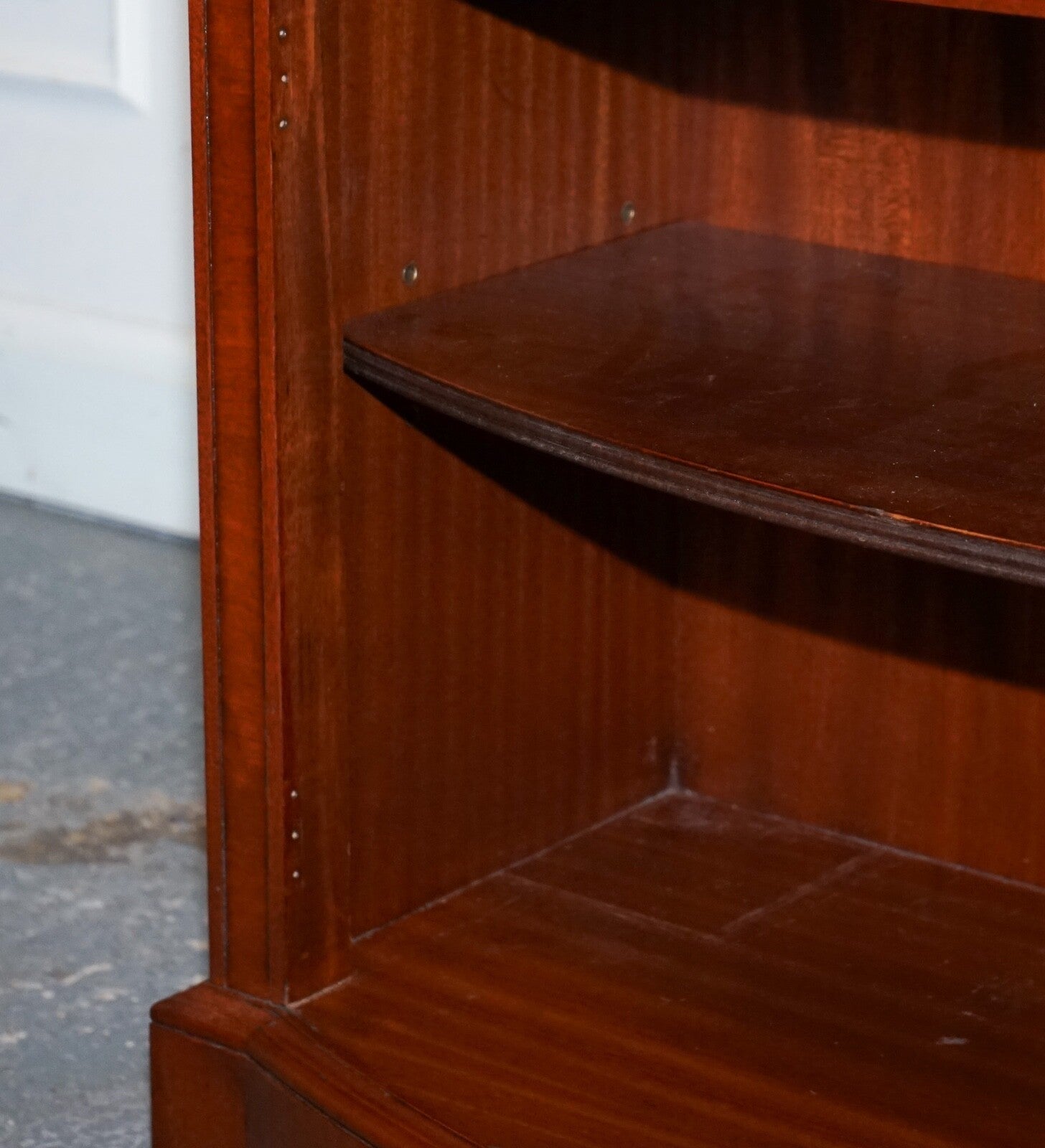 VINTAGE SERPENTINE BOW FRONT DWARF OPEN BOOKCASE WITH TWO DRAWERS BY WADE