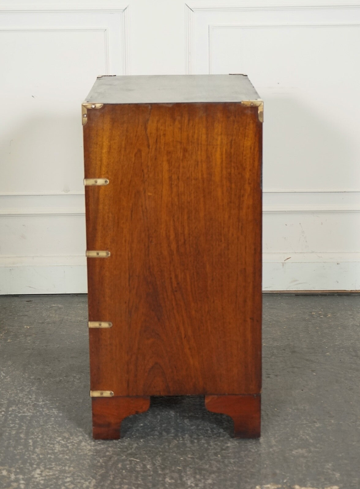 VINTAGE MILITARY CAMPAIGN SECRETAIRE CHEST OF DRAWERS WITH AGED GREEN LEATHER